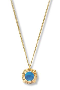 This gorgeous necklace features a polished round London Blue gemstone set in a stunning beaded golden X motif. Suspended from a delicate curb chain, this necklace is both elegant and versatile, making it the perfect addition to any outfit. Elevate your look with this timeless piece from Julie Vos. 24K gold plate, CZ Length: 19 / 19.5 / 20 inches (adjustable) Julie Vos hallmark Gold Gemstone Round Chain Necklace, Gold Plated Gemstone Round Pendant Necklace, Gold Gemstone Chain Necklace, Gold Plated Necklaces With Gemstone Round Pendant, Gold Chain Necklace With Round Gemstone, Gold Plated Necklaces With Round Gemstone Pendant, Gold Plated Round Pendant Necklaces With Gemstone, Gold Plated Necklace With Round Gemstone Pendant, Blue Jewelry With Chain And Round Pendant