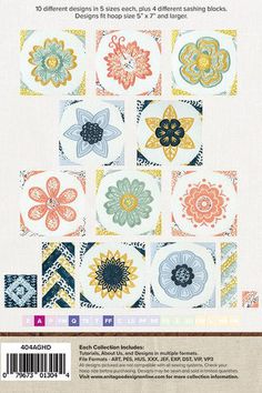 the front cover of an applique book with many different designs in each block