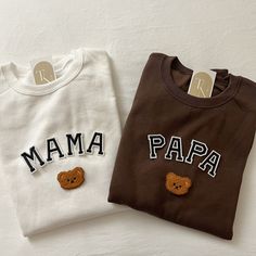 These mom and dad crewneck sweatshirts are the perfect pregnancy announcement or hospital coming outfit!   - They need to be purchased individually (it's not sold as a set) - Our sweatshirt material is super soft and comfy! ♡ - All our sweatshirts run a unisex fit. (Both for men and women). They are naturally oversized, so we normally recommend your true size. But if you like a more baggy look, we recommend sizing up. - These letters are iron-on patched and is heat pressed, not embroidered. - Pl Mom And Dad Shirts, Mama Bear Sweatshirt, Baby Announcement Photoshoot, Baby Shower Party Themes, Mom Dad Baby, Bear Sweatshirt, Papa Shirts, Pregnancy Announcement To Husband, Bear Costume