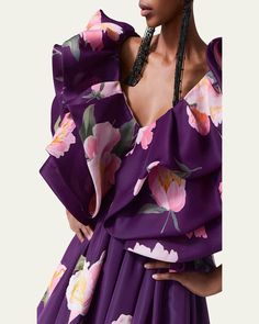 Carolina Herrera floral print top with folded ruffle detail    V neckline    Short sleeves    Relaxed fit    Selftie back    Cropped length    Silk    Dry clean    Made in USA Ruffle Crop Top, Plum Purple, Floral Print Tops, Carolina Herrera, Print Top, Made In Usa, Tops Designs, Floral Print, Crop Top