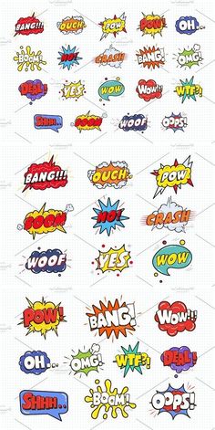 an image of comic speech bubbles in various colors and sizes, with the word wow on them