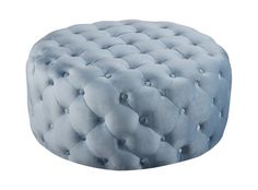 a round blue ottoman with buttons on the front and back legs, sitting on a white background