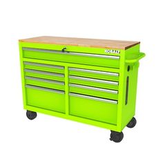 a green tool cabinet with drawers and wheels on it's sides, against a white background