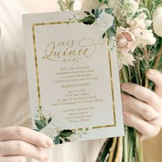 a woman holding a bouquet of flowers and a card with the words miss quince on it