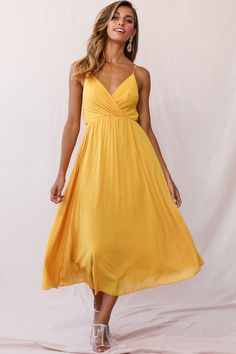 Shop the Artemis Accordion Pleat Strappy Back Midi Dress Mustard | Selfie Leslie Artemis Dress, Nude Strappy Heels, Selfie Leslie, Yellow Bridesmaids, Red Bridesmaids, Blue Bridesmaids, Pleated Fabric, Suspender Dress, Clothing Tags