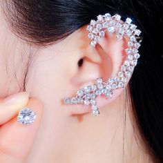 Material: Copper, Silver Plated, Cubic ZirconiaSize: 5.4cm, 0.8cmWeight: 10g per pairDesign: Asymmetrical Crystal Ear Cuff and Round Stud Statement EarringsColor: White, Silver Long Ear Cuff, Ear Wrap Earrings, Crystal Ear Cuff, Lehenga Red, Trendy Fashion Accessories, Jewel Wedding, Ear Climber, Climber Earrings, Sparkle Earrings