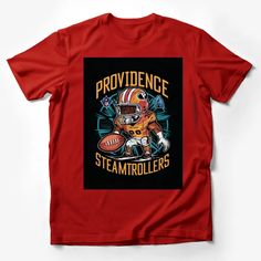 Providence Steamrollers Football Mascot T-Shirt, Vintage Sports Tee, Retro Athletic Fan Gear, Unique Graphic Design Shirt Male T-Shirt Custom graphic T-Shirt.Customize your color Graphic Print Crew Neck T-shirt For Fans, Sports Fan T-shirt With Short Sleeves, Team Spirit Streetwear T-shirt, Red T-shirt For Football Season, Cotton T-shirt With Team Logo For Football Season, Pre-shrunk Team-colored Fan Apparel T-shirt, Football Season Team Logo Cotton T-shirt, Team Spirit Streetwear Pre-shrunk T-shirt, Pre-shrunk Team Spirit T-shirt For Streetwear