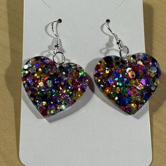 Handmade Sparkly Rainbow Heart Earrings With Resin and Glitter - Etsy Dark Ghost, Glitter Accessories, Ghost Gifts, Ghost Earrings, Glitter Earrings, Sparkly Earrings, Pride Gifts, Halloween Earrings, Holographic Glitter