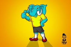 an elephant in a yellow shirt and black shorts is giving the thumbs up sign with his trunk