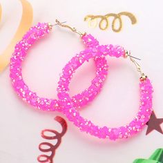 Neon Pink Beaded Fun Fashion Hoop Earrings | 2.5 Trendy Hoop Beaded Earrings For Pierced Ears, Party Beaded Hoop Earrings With Round Beads, Party Hoop Earrings With Round Beaded Details, Spring Party Beaded Earrings, Handmade Hoop Beaded Earrings For Party, Spring Party Earrings With Round Beads, Trendy Beaded Hoop Earrings, Trendy Colorful Beaded Hoop Earrings For Parties, Small Hoop Beaded Earrings For Party