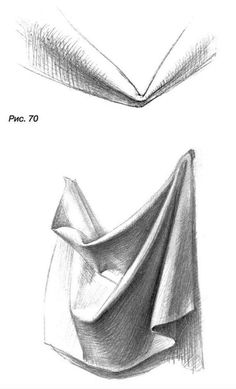 two drawings of folded fabric on white paper, one is drawn in pencil and the other has