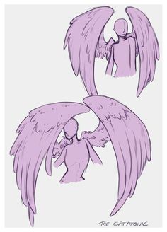 two drawings of an angel with large wings, one in purple and the other in white