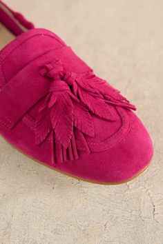 Take bold strides in our Bright Pink Monet Tassel Loafer. Crafted in Spain from suede and back by popular demand in this new colourway, this is a super-soft slip on shoe which features an inner sole that will mold to the shape of your foot. Spring Tassel Slip-on Loafers, Luxury Tasseled Slip-on Loafers, Blue Slip-on Tassel Loafers For Work, Luxury Tassel Slip-on Loafers, Luxury Slip-on Tassel Loafers With Stitched Sole, Slip On Shoe, Tassel Loafers, Bright Pink, Slip On Shoes