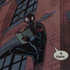 a spider - man reading a comic book on the side of a building with a speech bubble saying, hi there