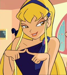 a cartoon girl with blonde hair pointing at something