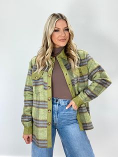 CJ11238 long sleeve plaid top Cloud Ten Green Plaid Shacket, Trendy Green Button-up Shacket, Casual Green Button-up Shacket, Green Relaxed Fit Button-up Shacket, Plaid Button-up Shacket With Pockets, Winter Season, Plaid Pattern, Shopping Trip, Dresses Xs