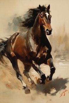 a painting of a brown horse running in the sand with it's hair blowing