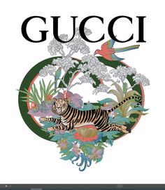 an image of a tiger in the middle of flowers and plants with gucci on it