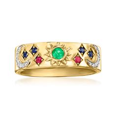 Ross-Simons - .20ct t. w. Multi-Gemstone Celestial Ring, Diamond Accents Over Sterling. Size 6. An RS exclusive. Featuring a celestial sky more colorful than you could ever imagine, this stackable ring is quite the eye-catcher! Stars and a sun of .20 ct. tot. gem wt. emerald, sapphire and ruby rounds glow alongside diamond-accented moons. Crafted in 18kt yellow gold over sterling silver. 1/4" wide. Multi-gemstone celestial ring. Emerald birthstones are the perfect gift for May birthdays. Planet Ring, Celestial Ring, Emerald Birthstone, Earthy Jewelry, Ring Emerald, Ring With Diamond, Jewelry Lookbook, Personalized Rings, Stackable Ring