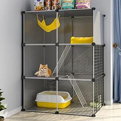 a cat sitting on top of a shelf next to a basket and some food in front of it