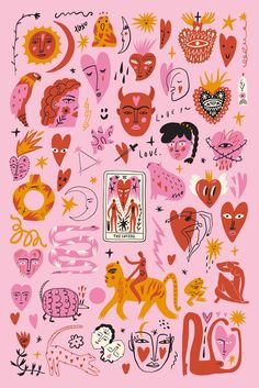 a pink poster with many different types of hearts and cats on it's side