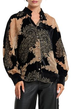 A swirling paisley print enlivens this blousy front-button shirt accented with rich velvet. Front button closure Band collar Long sleeves with button cuffs 80% viscose, 20% nylon Hand wash, dry flat Imported Velvet Shirt, Band Collar, Button Shirt, Paisley Print, Paisley, Top Brands, Top Blouse, Hand Wash, Nordstrom