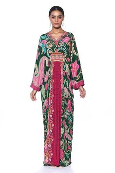 Buy Green Pure Crepe Print Mystic Fleur V Neck Kaftan For Women by Siddhartha Bansal Online at Aza Fashions. Green Printed V-neck Kaftan, Green V-neck Printed Kaftan, Green Bohemian Kaftan With Floral Print, Green Floral Print Tunic Kaftan, Green Bohemian Kaftan With Vibrant Print, Bohemian Green Kaftan With Kimono Sleeves, Green Silk V-neck Kimono, Green Floral Print Maxi Kaftan, Green Printed Kaftan With Kimono Sleeves