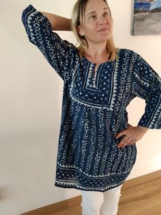 Blockprint cotton tunic Indigo organic tunic Summer Tunic, Summer Tunics, Cotton Tunic, Boho Tunics, Boho Gifts, Womens Tunics, Resort Wear, Cotton Dress, Mother's Day Gift