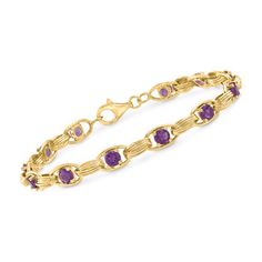 Ross-Simons - 3.00 ct. t. w. Amethyst Oval-Link Bracelet in 14kt Yellow Gold. 8". Vivid gemstones elevate classic links to vibrant new heights. This handcrafted bracelet alternates crisscrossing multi-links with 3.00 ct. t. w. round amethyst-adorned ovals. Set in 14kt yellow gold. 1/4" wide. Lobster clasp, purple amethyst link bracelet. Amethyst birthstones are the perfect gift for February birthdays. Jewelry Presentation, Amethyst Birthstone, Diamond Solitaire Necklace, Handcrafted Bracelets, Fine Jewelery, Solitaire Necklaces, Amethyst Color, Toggle Bracelet, The Authority