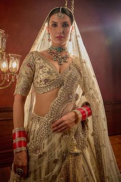 Ivory can can attached lehenga featuring zari embroidered floral scallop motifs, scalloped border, embellished by sequins and beads. Comes with padded embroidered blouse, scalloped border dupatta and butti embroidered head dupatta. - Aza Fashions Kurta Lehenga, Lehenga Pattern, Sanya Malhotra, Scalloped Border, Bridal Lehengas, Can Can, Jacqueline Fernandez, Bridal Lehenga, Modern Bride