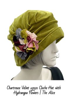 Chartreuse Velvet 1930s Cloche Hat with Hydrangea Flowers | The Alice https://www.bostonmillinery.com/products/chartreuse-velvet-1930s-cloche-hat-with-hydrangea-flowers-the-alice Chartreuse Velvet, 1930s Hats, Fun Hats, Bespoke Hats, Velvet Scarf, Hat Stand, Hydrangea Colors, Soft Hats, Chartreuse Green