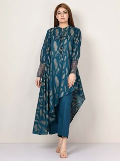 Western Outfits Women One Piece, Plaza Kurti Design, Full Sleeves Kurti Designs, Pakistani Kurti, Embroidered Cuffs, Shirt Trouser, 2 Piece Dress