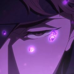 an anime character with purple hair and eyes looking up at the sky, surrounded by glowing orbs