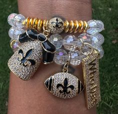 Quality beads. CZ paved charms that does not tarnish. 3 piece set.  Set is exactly as pictured. Size 16 cm. Follow my IG page to see more @stackedbb. New Orleans Saints Beaded Bracelets, Bracelets Stacked, Diy Bracelets With String, Stacked Bracelets, Bracelets Beaded, Cuff Watch, Forest Park, Bead Charm Bracelet, New Orleans Saints