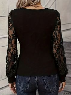 Peilia - Stylish Lace Stitching Cross V-Neck Blouse: A Fashionable Casual Wear for Spring and Fall, Perfect for Womens Wardrobe Fall V-neck Blouse With Lace Patchwork, Fall Patchwork V-neck Blouse, V-neck Lace Patchwork Top For Fall, V-neck Patchwork Top For Work, V-neck Blouse With Lace Patchwork For Fall, Black Long Sleeve Top With Lace Patchwork, Black Long Sleeve Tops With Lace Patchwork, Elegant Fitted Tops With Patchwork, Elegant Fitted Patchwork Tops