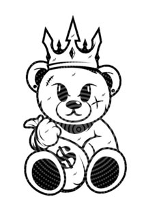 a black and white drawing of a teddy bear wearing a crown