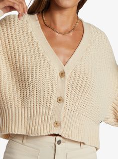 Indulge in our ROXY Sundaze Sweater, crafted from the coziest cotton-blend knit fabric. This relaxed-fit cardigan sweater has a coconut-button closure and quality marled yarn construction — the perfect companion for your weekend adventures. Features Fabric: Cotton acrylic polyester blend fabric Fit: Relaxed fit Neck: V neck Sleeves: Long sleeve Closure:Coconut button closure Other Features: Marled yarn Composition 100% Polyester Fitted Cardigan, Women's Sweater, Roxy, Fabric Cotton, Cardigan Sweater, Sweater Cardigan, Knit Fabric, Knitted Fabric, Sweaters For Women