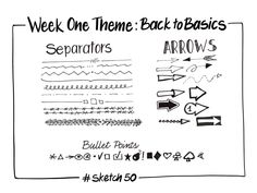 the back to basics page for sketching with markers and pencils, including arrows