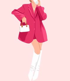 a woman in a pink coat and white boots is talking on her cell phone while holding a purse