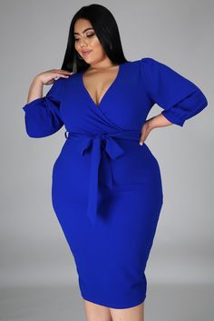 Blue Plus Size Puff Sleeve Wrap V Neck Midi Dress Leisure Wear Women, Neck Bodycon Dress, V Neck Midi Dress, Stylish Plus, Stretch Dress, Plus Size Dress, Plus Size Dresses, Plus Size Fashion, Women Long Sleeve