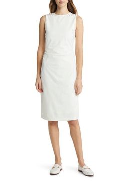 This super easy sleeveless style with ruching at the side waist offers unlimited possibilities for dressing up or down. Crewneck Sleeveless 48% nylon, 42% viscose, 10% spandex Dry clean Imported White Ruched Dresses For Work, White Ruched Dress For Office Wear, White Ruched Dress For Work, White Sleeveless Dress With Ruched Back, Elegant Ruched Sleeveless Dress For Daywear, Elegant Sleeveless Midi Dress With Gathered Waist, Ruched Sleeveless Dress For Daywear, Black Sheath Dress, Dressing Up