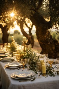 A wedding in Italy among the timeless olive trees. In a land abounding with wine and olive oil, where the light of the setting sun turns everything it touches into gold. In this setting, the bride and groom say ‚I do’ to each other, for the rest of their lives. Olive Branch Table Setting, Wedding Vineyard Ideas, Olive Themed Party, Wedding Olive Theme, Olive Trees Wedding, Olive Tree Wedding Decor, Tuscan Table Setting, Olive And Gold Wedding