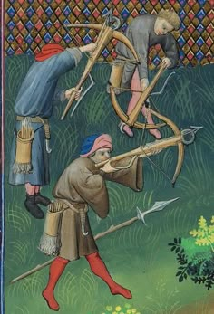 two men with bows and arrows, one is aiming at another man holding an arrow