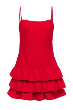 Wow your fashion game in this Likely red sleeveless mini dress with a flirty ruffled bottom. Perfect for a bachelorette or sultry birthday dinner, this mini dress will have all your attention on you! Pair it with strappy black stilettos, statement earrings, and a mini bag for a killer look. Size 8 Shell 67% Polyester, 27% Rayon, 6% Spandex Lining 100% Polyester Invisible zipper back with top hook and eye closure Adjustable sleeveless straps Ruffled layered bottom Bust 32" Waist 29" Shoulder to hem 32.5" Party Mini Dress With Ruffle Hem And Ruffled Straps, Cocktail Mini Dress With Ruffle Hem And Straps, Party Mini Dress With Spaghetti Straps And Ruffle Hem, Tiered Mini Dress With Ruffle Hem For Night Out, Flirty Tiered Mini Dress For Date Night, Tiered Mini Dress For Summer Nights, Flirty Mini Dress With Spaghetti Straps And Ruffled Skirt, Flirty Mini Dress With Ruffled Skirt And Spaghetti Straps, Red Mini Dress With Ruffle Hem