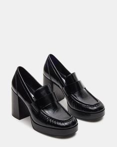 MUNDAY Black Leather Block Heel Platform Loafer | Women's Heels – Steve Madden Block Heel Loafers, Shoe Shine, Platform Block Heels, Leather Wear, Platform Loafers, The Platform, Women's Heels, Leather Block Heels, Platform Heel