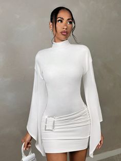 Long Sleeve Gathered Turtleneck Flare Sleeve Ruched Midi Dress, Elegant Going Out/Party Outfit For Women In Autumn White Elegant  Long Sleeve Knitted Fabric Plain Bodycon Medium Stretch  Women Clothing, size features are:Bust: ,Length: ,Sleeve Length: Classy Casual Dresses, Party Outfit For Women, Cocktail Dress Classy, Midi Dress Elegant, Party Outfits For Women, Outfit For Women, Ruched Midi Dress, Classy Casual, Clothing Hacks