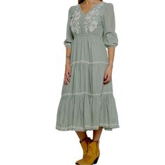 Lucky Brand Nwt Sage Green Boho Tiered Midi Floral Embroidered Cotton Dress Size Large This Lucky Brand Sage Tiered Midi Embroidered Dress Is Perfect For Any Occasion, Whether It's For Travel, A Wedding, A Party, Casual Wear, Or Work. Features: 3/4 Sleeve Length, Solid Pattern, Tiered Skirt, Sage Green Summer Color, White Embroidered Floral Details On Front Bodice, Skirt Tiers, And Cuffs, 100% Cotton Material, Elastic At Waist, Comfortable And Breezy! Looks Great With Cowgirl Boots Or Sandals! B Black White Floral Dress, Bohemian Midi Dress, Indigo Dress, Sheer Midi Dress, Beautiful Midi Dresses, Corset Midi Dress, Flowy Mini Dress, Women Corset, Embroidered Midi Dress