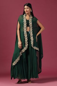 Bottle green cape with thread embroidery in floral pattern on placket. Paired with sequin embroidered crop top and palazzo. - Aza Fashions Green Palazzo Pants Outfit, Palazzo Pants Outfit Indian, Palazzo Outfit, Green Cape, Embroidered Crop Tops, Palazzo Set, Two Sisters, Thread Embroidery, Bottle Green