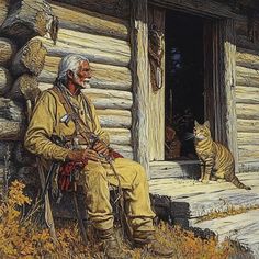 an old man sitting in front of a log cabin with a cat on the porch