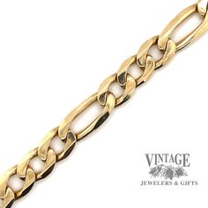 14 karat yellow gold heavy solid figaro link chain bracelet. The estate bracelet is 10.3 mm in width and is 8.5 inches in length and is secured with an integrated box catch with figure 8 safety clasp. Classic Gold Bracelet With Chunky Chain, Formal Figaro Chain Link Bracelet, Formal Figaro Chain Bracelet With Oval Link, Formal Gold Figaro Chain Bracelet, Yellow Gold Figaro Chain Bracelet With Rectangular Links, 14k Gold Cuban Link Figaro Chain Bracelet, Classic Yellow Gold Cuban Link Bracelet With Chunky Chain, 14k Gold Cuban Link Bracelet With Oval Links, Classic Figaro Chain Bracelet With Oval Links